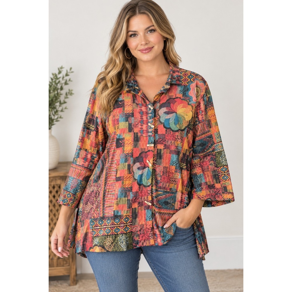 NWT Ali Miles Crinkle Wired Collar Button Front Blouse Top Tunic Fall Artsy 2X
